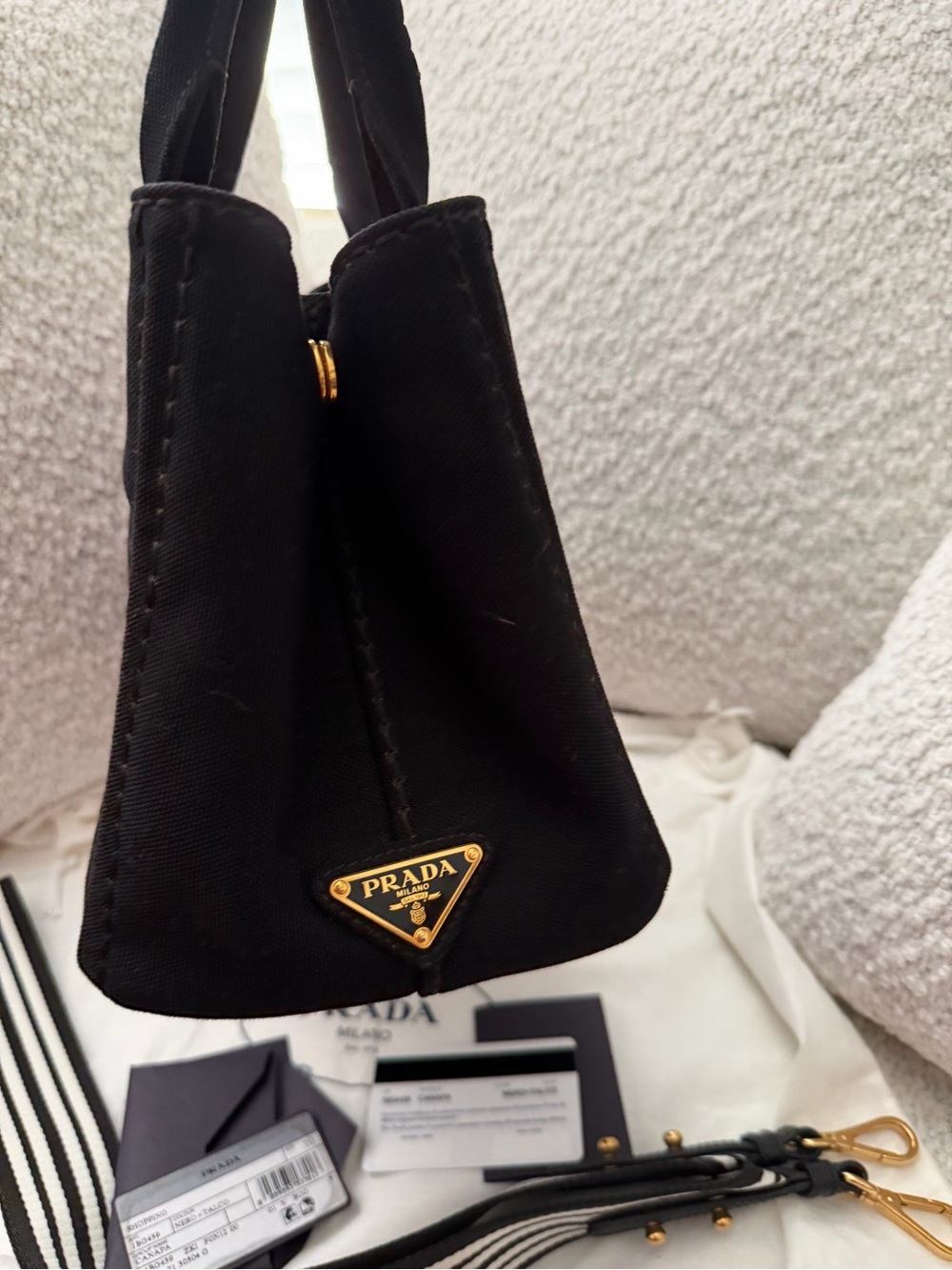Prada Black Canvas Tote with Gold Logo - Picture 13 of 15